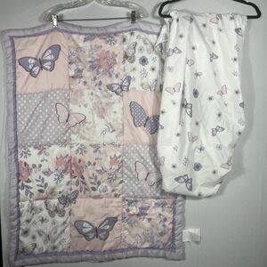 Vtg 90s Y2K 2pc Butterfly Baby Crib Bedding Set Purple Pink Floral Quilt & Sheet